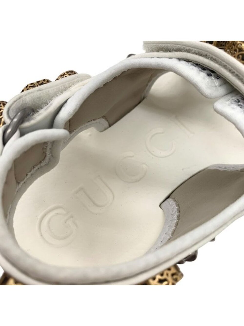 Gucci Sandals Shoes Mesh Leather White Gold Silver Sports Flat - Picture 8 of 11